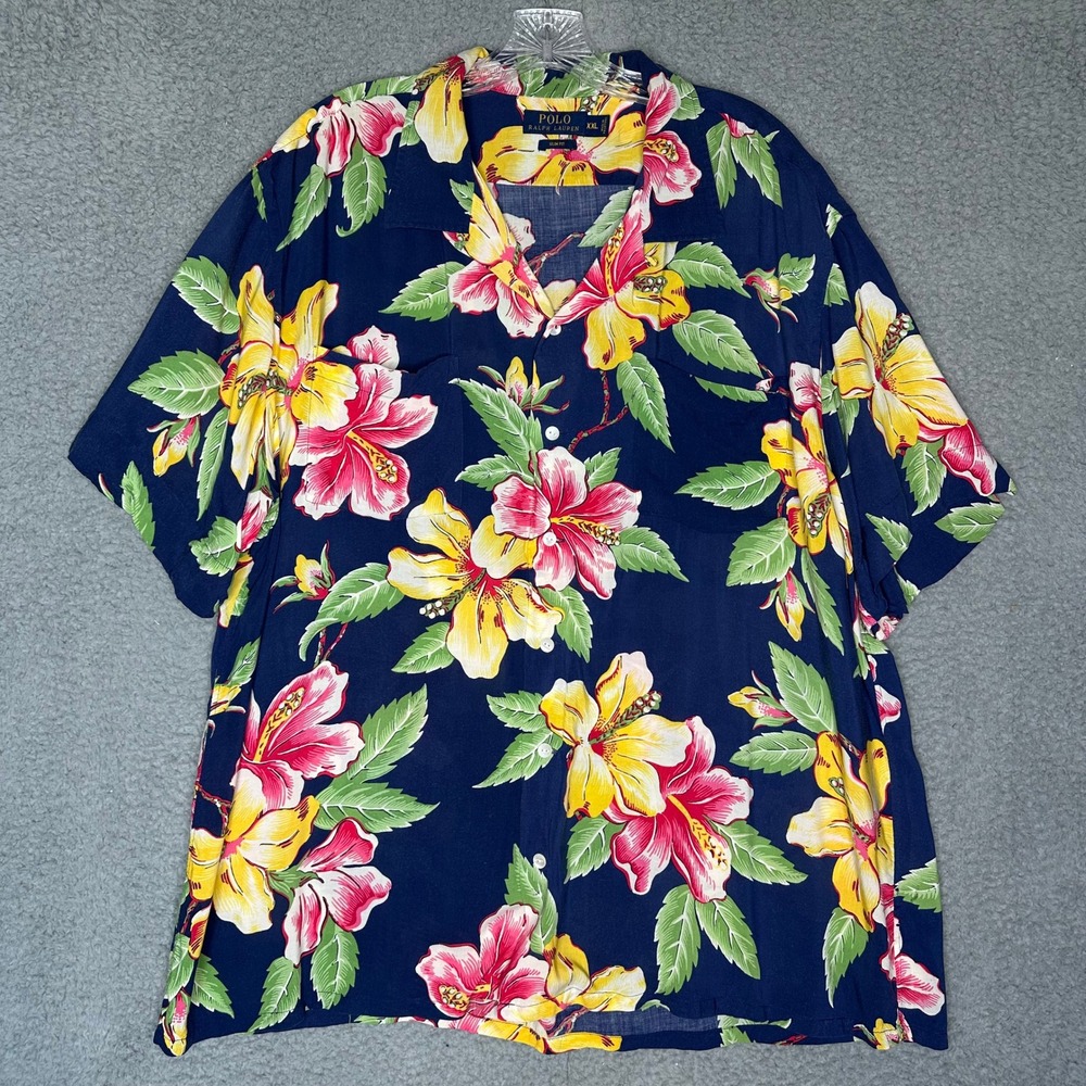 Polo Ralph Lauren Mens XXL Slim Fit Tropical Hibiscus Floral Shirt Navy Blue